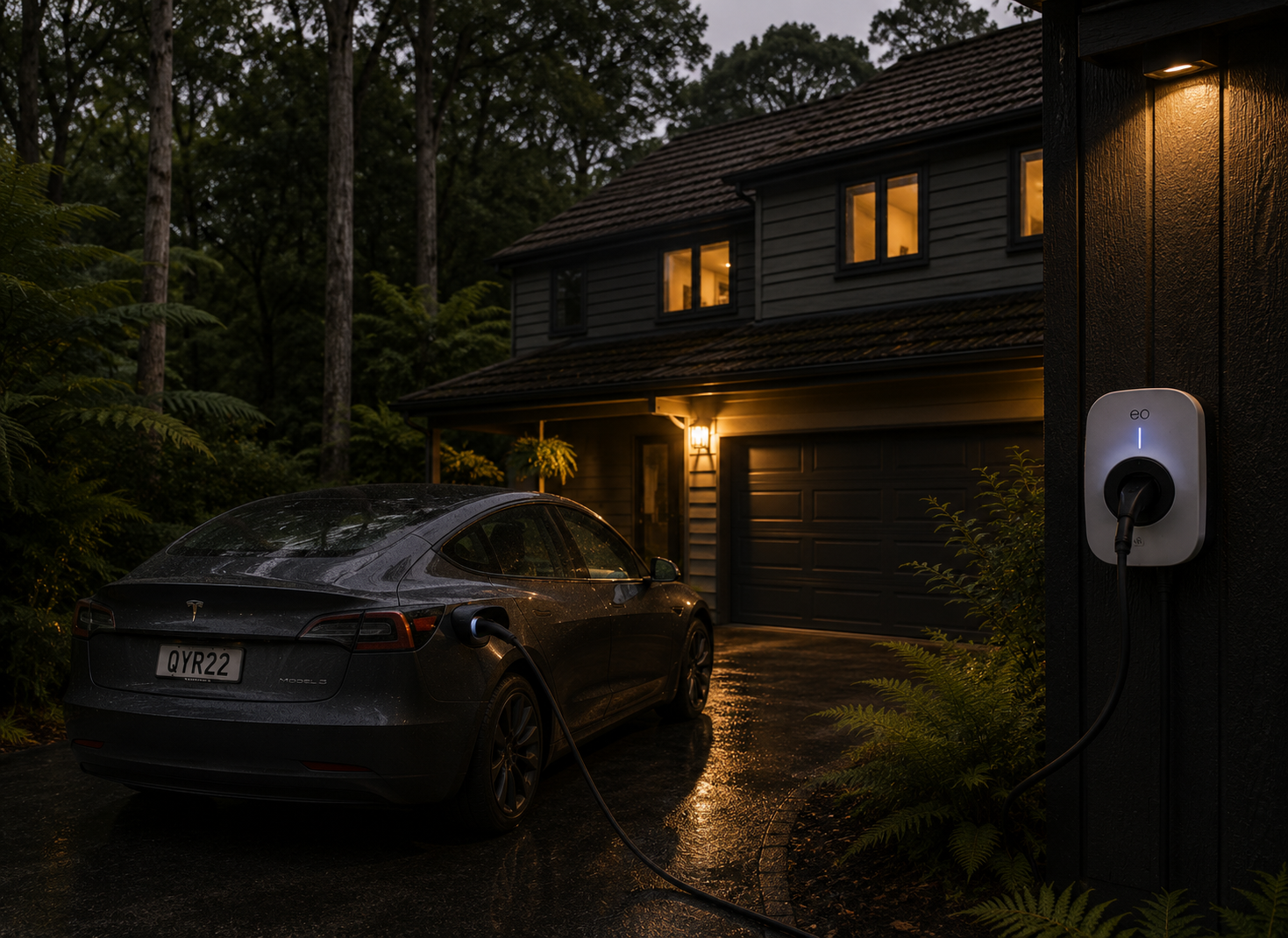 Home EV charger installed on a modern dark-clad Auckland house