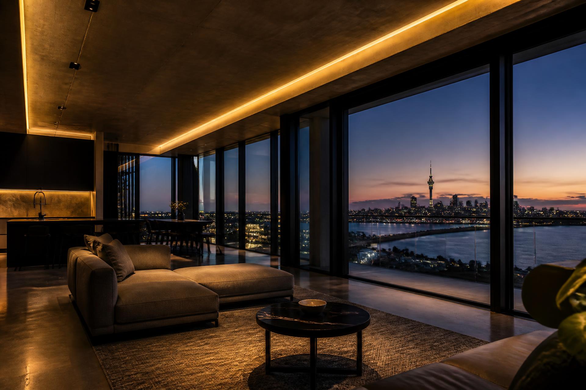 Warm feature lighting in a modern Auckland home at dusk
