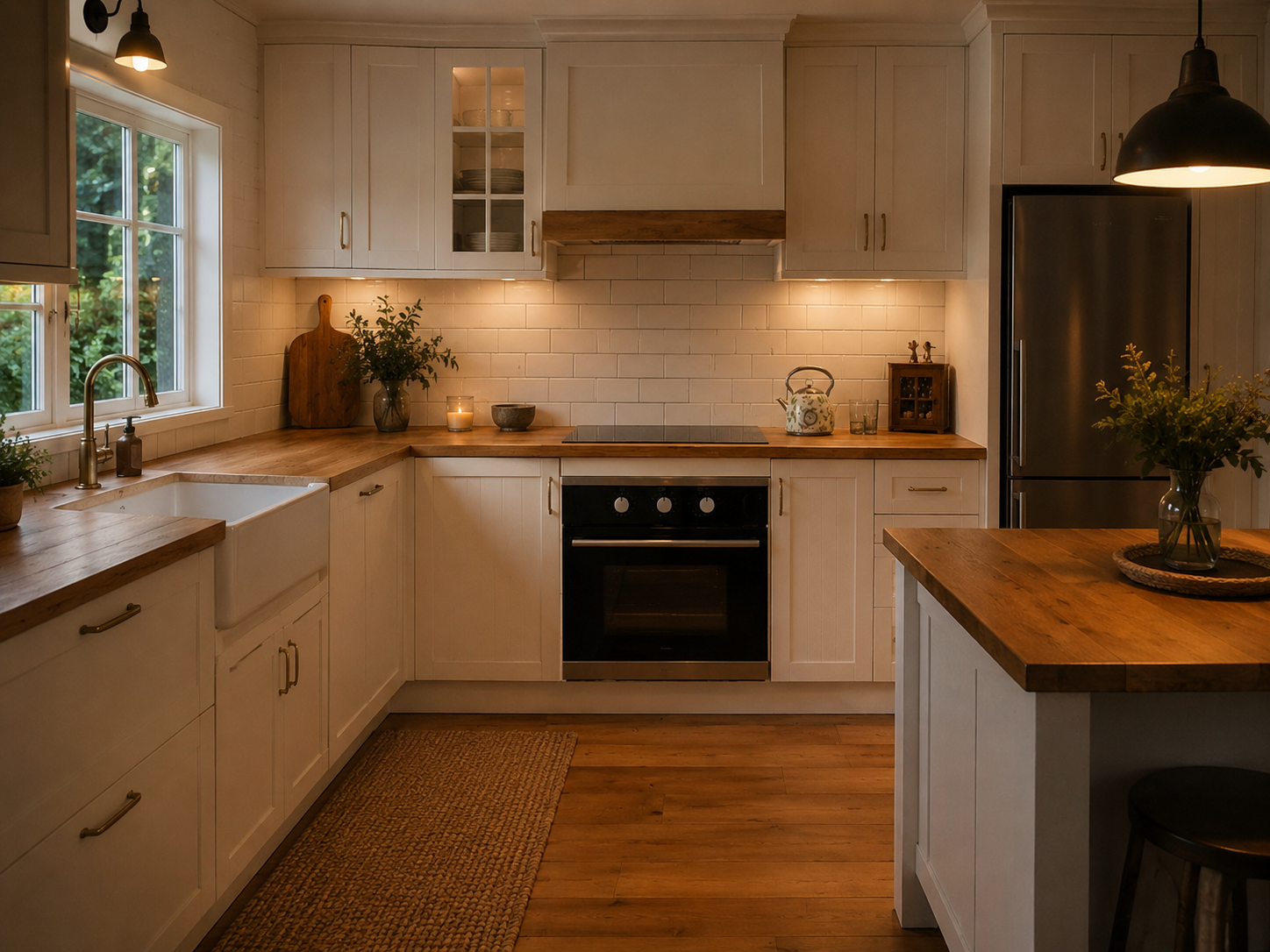 Modern dark timber kitchen with warm under-cabinet LED lighting