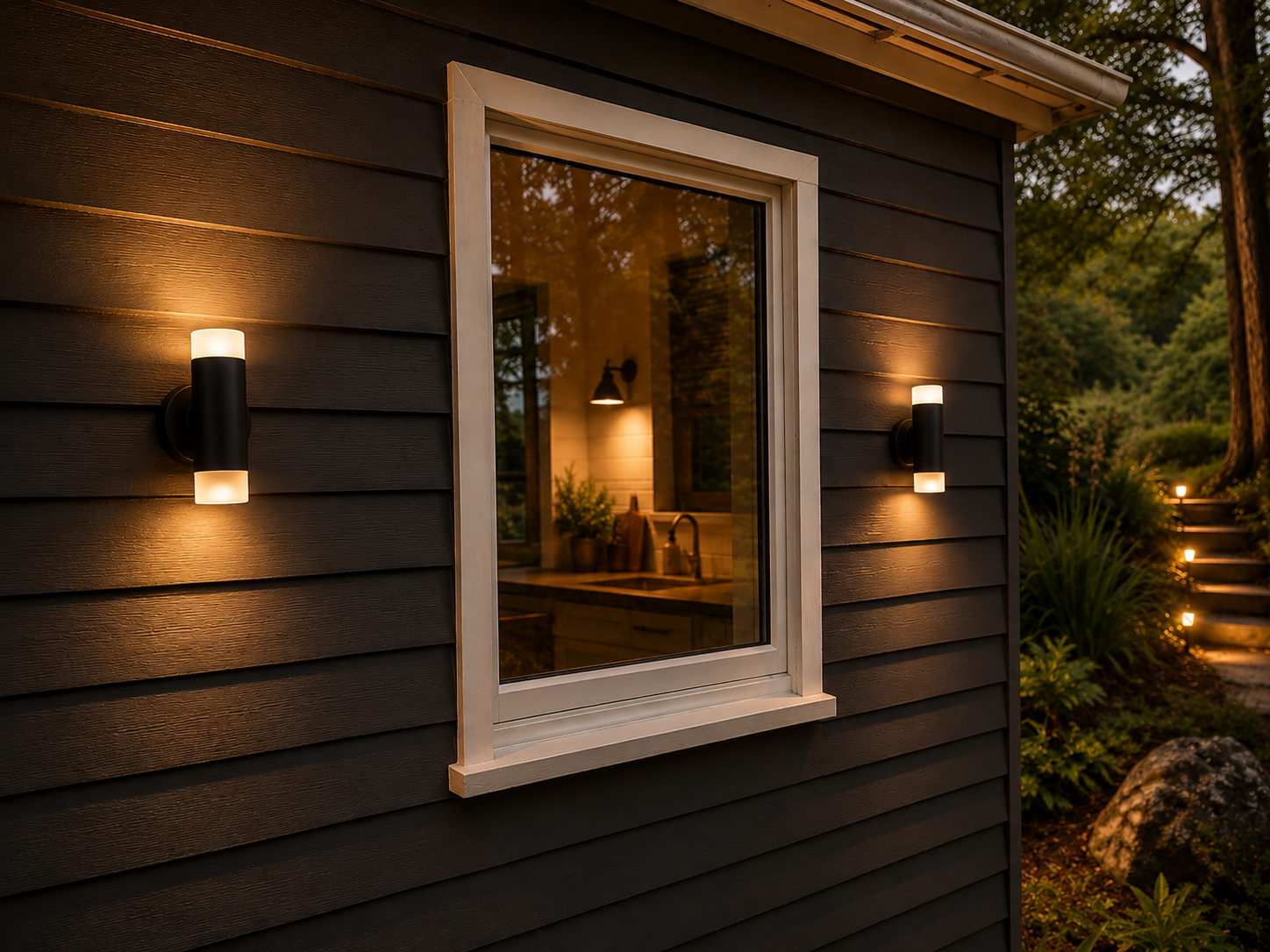 Outdoor wall lights glowing on a dark-clad Auckland home at dusk